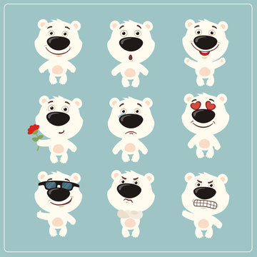 Vector set isolated emotion polar bear. Collection cute polar bear in cartoon style.