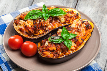 Baked eggplant with pieces of chicken