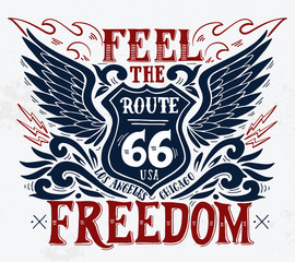 Feel the freedom. Route 66. Hand drawn grunge vintage illustrati