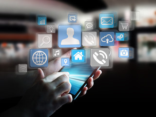Icons connected to each other over businesswoman phone