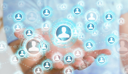 Businessman using blue social network 3D rendering