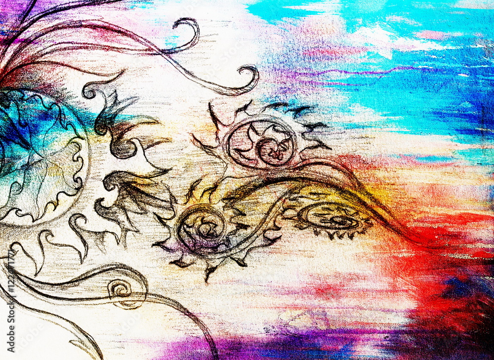 Aufkleber ornamental drawing. original hand draw and computer collage. color structure.