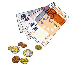Wechselgeld Bargeld Scheine Münzen Euro - Comic von Hand gezeichnet