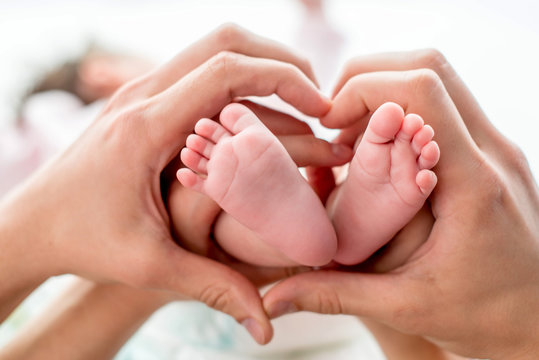 newborn baby feet on mom and dad hands, shape like a lovely heart. happy family concept