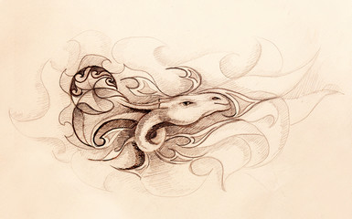 drawing of ornamental animal on old paper background.
