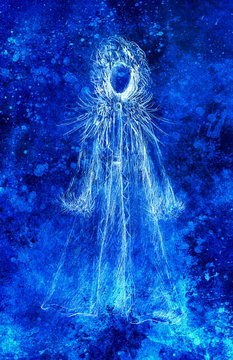 pencil drawing on paper, woman in fur coat and feathers. Blue vinter effect.