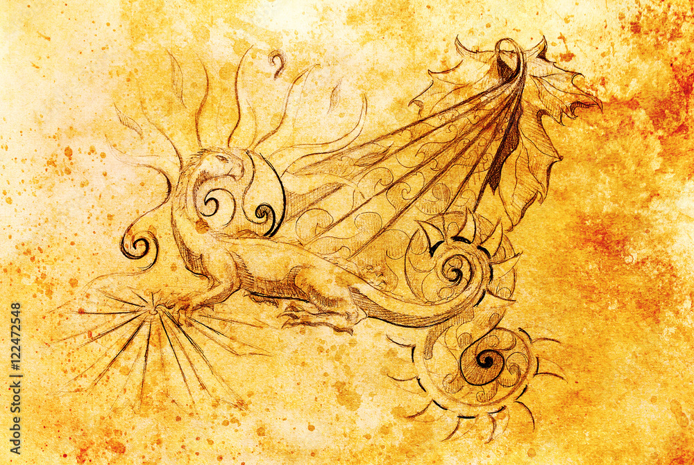 Poster drawing of ornamental dragon and sun with wine leaf on old paper background, computer collage and co