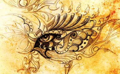 mystic woman eye with floral ornament. Drawing on paper, Color effect. Eye contact.