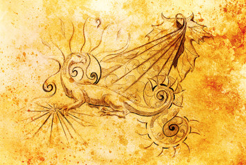 drawing of ornamental dragon and sun with wine leaf on old paper background, computer collage and color structure.