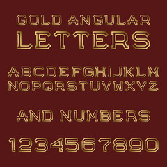 Gold angular letters and numbers. Fashion retro font. Isolated latin alphabet with figures.