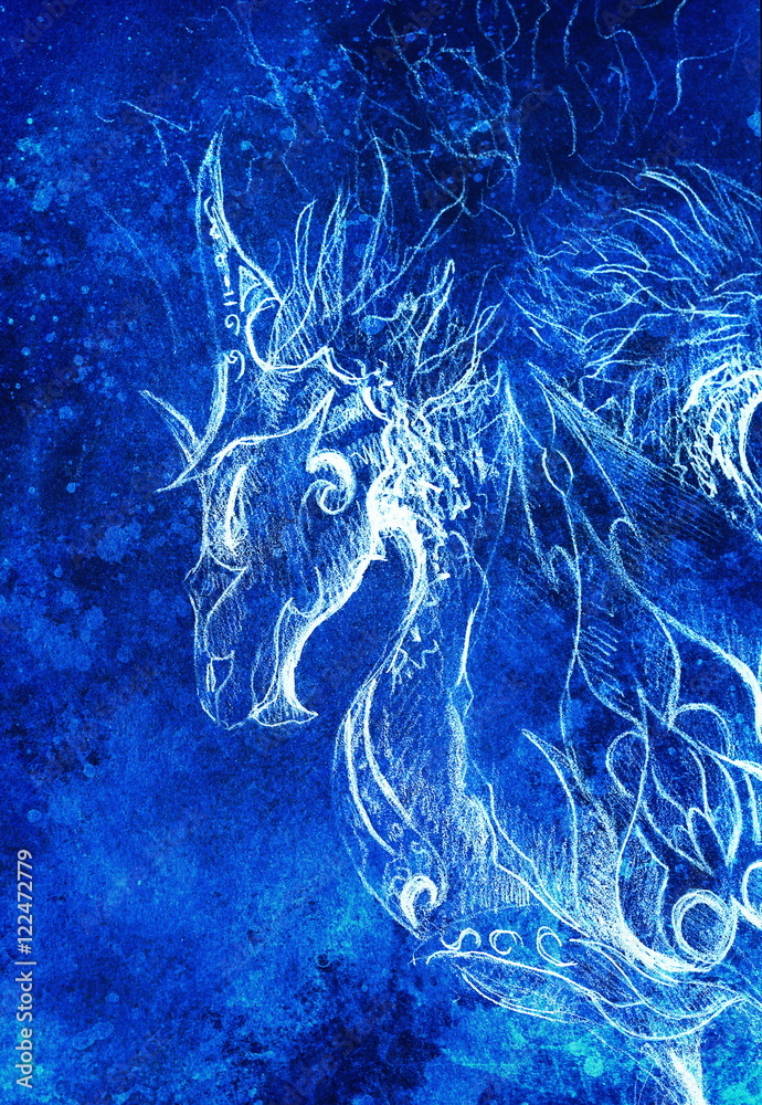 Poster drawing of ornamental dragon. computer collage and blue color structure. winter effect.
