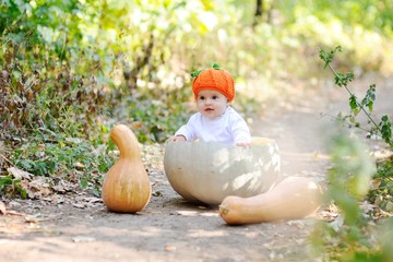 baby girl in the orange cap in the form of a pumpkin sitting inside a huge pumpkin on a background autumn forest. Celebrating Halloween