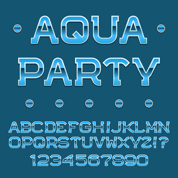 Blue letters and numbers. Festival banner font. Isolated english alphabet with text Aqua Party.