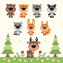 Vector set forest animals in cartoon style. Collection funny forest animals.