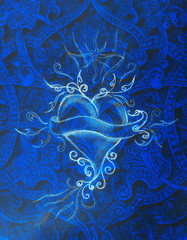 Heart and ribbon with ornament, original drawing, pencil sketch on paper. Color effect.