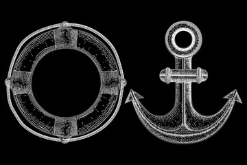 Lifebuoy and anchor - sea symbols. Hand drawn sketch