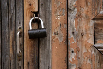 Wooden door, old lock, wood texture