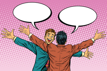 The two men happily cuddling, friendship