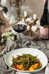Asparagus bean and pumpkin in a tomato sauce