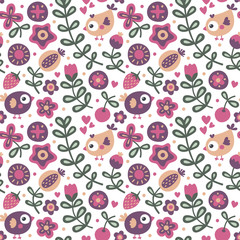 Fototapeta na wymiar Seamless cute floral pattern with bird, flowers, plants, leaf, berry, heart