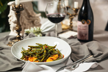 Asparagus bean and pumpkin in a tomato sauce