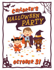 Halloween background with kids in Halloween costumes. Vector illustration.