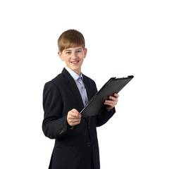 Teenage boy in business suit with folder in hands points finger forward isolated on white background in square - Young manager