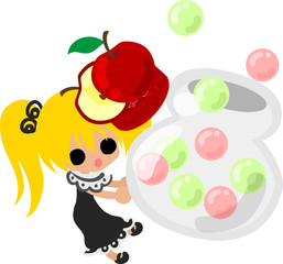 A cute little girl and the candies of the apple