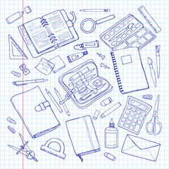 Vector sketchy stationary set. Office and school supplies on squared paper.