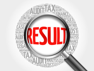 RESULT word cloud with magnifying glass, business concept 3D illustration