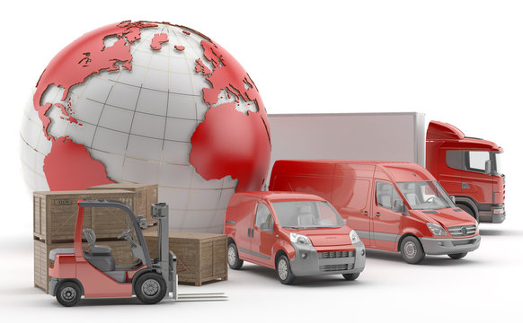 Transporte urgente de mercancías por carretera. Camión y furgonetas rojas con mapamundi rojo.
