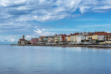 Fototapeta na wymiar Looking across the main harbour in the town of Piran in Slovenia