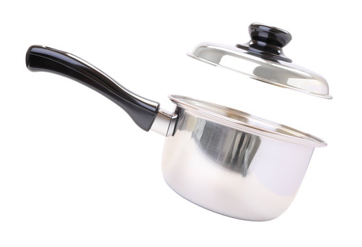 Side black handle round stainless pot with floating cover on white background.