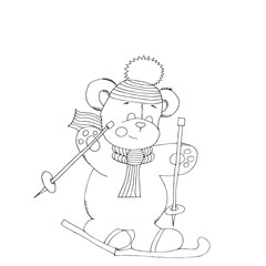 Christmas ink sketch of a bear goes on skis winter coloring book anti-stress for children vector