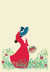 card girl walking with a basket of flowers on the wild blooming meadow spring summer nature banner vector flyer