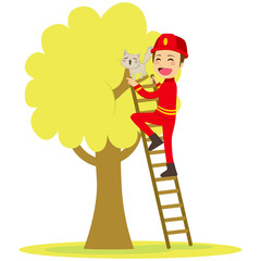 Naklejka premium Brave young fireman rescues cute cat on tree climbing ladder