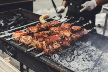 Beef kebab. Fresh meat at grill, bbq