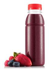 Red fruit smoothie in plastic bottle - obrazy, fototapety, plakaty