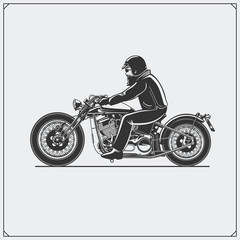 Motorcycle rider with racer helmet on motorcycle. Emblem of bikers club. Vintage style. Monochrome design.