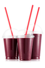 Blackberry and strawberry smoothie in three size of plastic cup