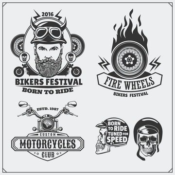 Collection of retro motorcycle labels, emblems, badges and design elements. Vintage style. Monochrome design.