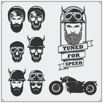 Collection of retro motorcycle labels, emblems and design elements. Helmets, goggles, bikers and racers. Vintage style. Monochrome design.