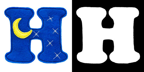 Letter H of the alphabet made of felt isolated on white with alpha mask. Cyrillic (Russian) alphabet. Font for children with educational pictures