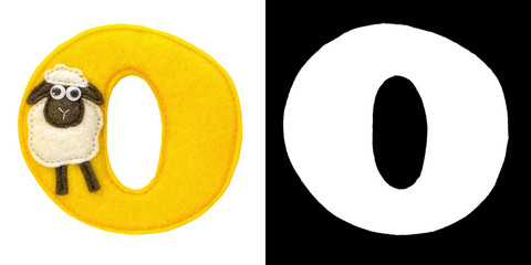 Letter O of the alphabet made of felt isolated on white with alpha mask. Cyrillic (Russian) alphabet. Font for children with educational pictures