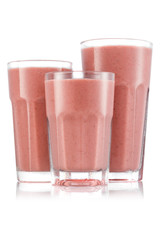 Banana strawberry smoothie in three size of glass