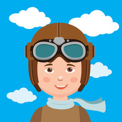 Young Boy Pilot Against Sky Background. Retro Vector Illustration. Boy Pilot Hat.
