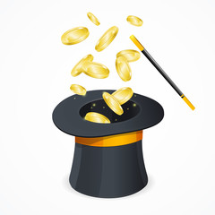 Win Concept with Magic Hat and Gold Coins. Vector