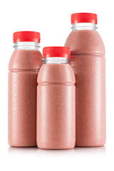 Strawberry and banana smoothie in three size of bottle