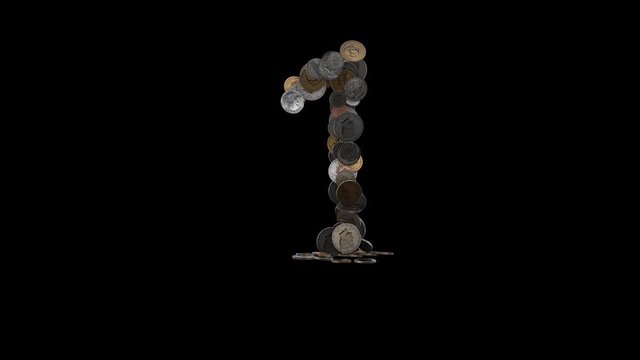 The digit "1" made out of US currency coins (dimes, nickels, pennies, quarters, half and one dollar coins). cca 4 seconds intro, 3 seconds idle, 3 seconds out. fullHD@60fps