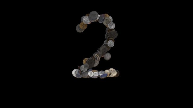 The digit "2" made out of US currency coins (dimes, nickels, pennies, quarters, half and one dollar coins). cca 4 seconds intro, 3 seconds idle, 3 seconds out. fullHD@60fps